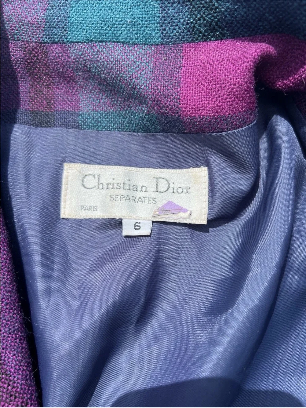 Vintage Christian Dior Wool Plaid Blazer Women’s 6 Purple Blue